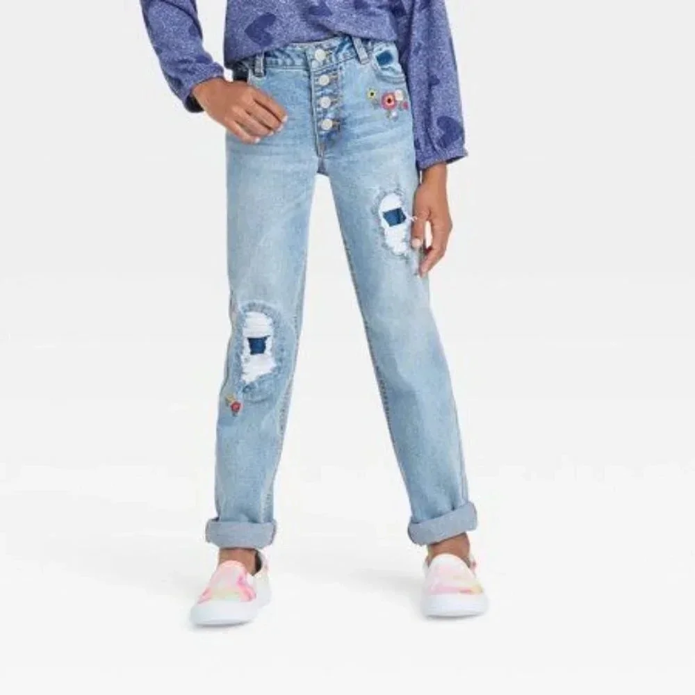 Cat & Jack Girls Floral Embroidered Button‎ Front Girlfriend Jeans